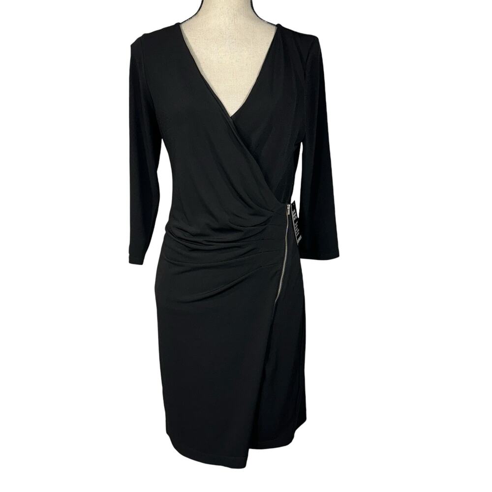 Express Medium Dress 3/4 Sleeve Stretch Surplice V-Neck Zip Accent Black New